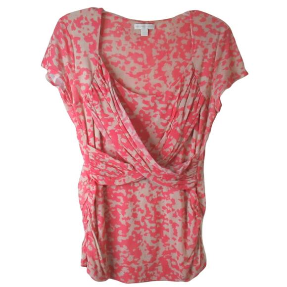 Pink and crème V-neck short sleeve blouse - Picture 1 of 3